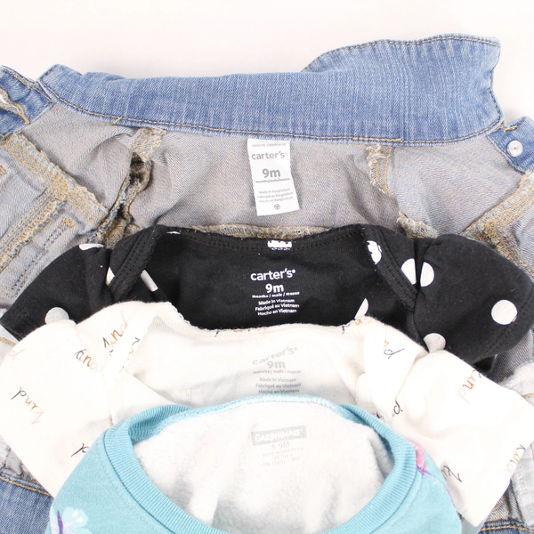 Lot of 4 Baby Infant Girl's Clothes 2 One Pieces Denim Jacket Pullover Sweater