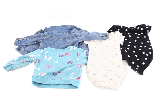 Lot of 4 Baby Infant Girl's Clothes 2 One Pieces Denim Jacket Pullover Sweater