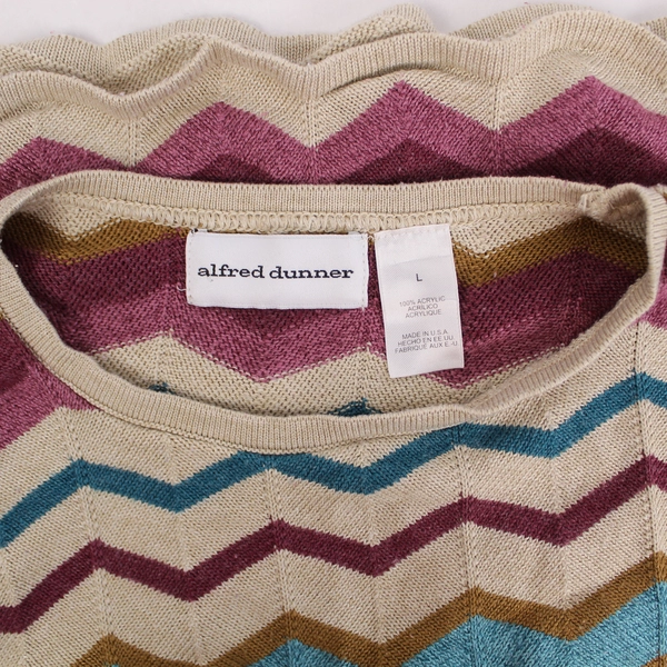 Alfred Dunner Women's Large Chevron Sweater Beige Purple Blue Pre-Owned Wear