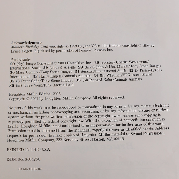 Houghton Mifflin Reading Big Book: Mouse's Birthday by Yolen & Degen 2005