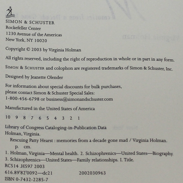 Rescuing Patty Hearst by Virginia Holman 2003 Hardcover Memoir True Crime