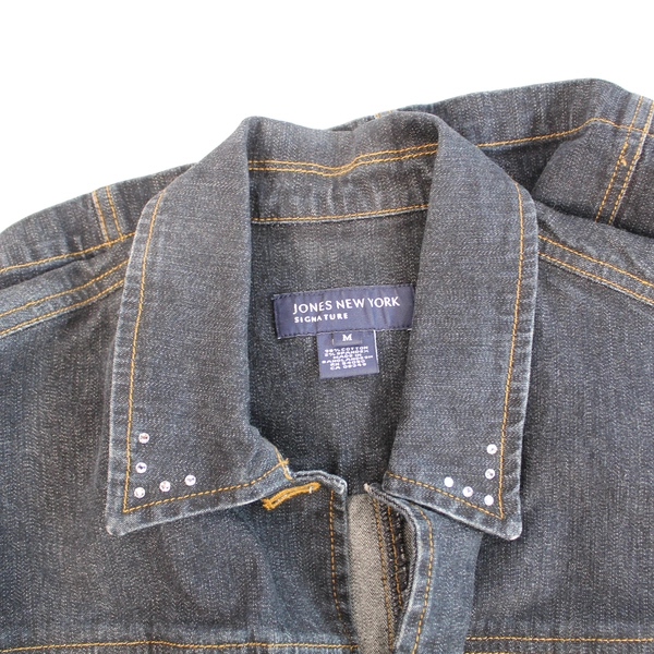Jones New York Jean Jacket Women's M Blue Rhinestones Button Up Pre-Owned