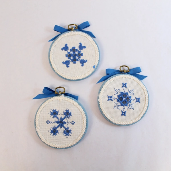 Vtg Lot of 3 Handmade Blue Snowflake Cross Stitch Wall Hangings 3.5"