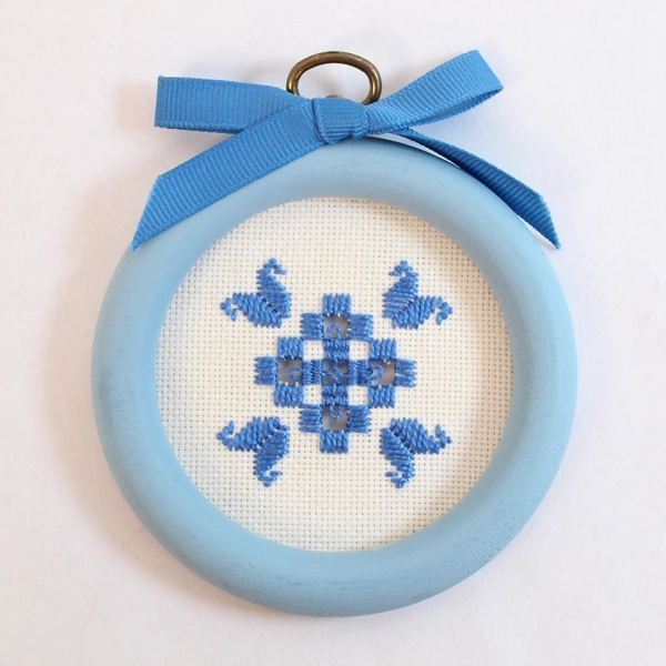 Vtg Lot of 3 Handmade Blue Snowflake Cross Stitch Wall Hangings 3.5"