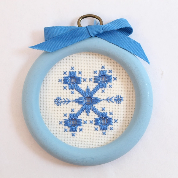 Vtg Lot of 3 Handmade Blue Snowflake Cross Stitch Wall Hangings 3.5"