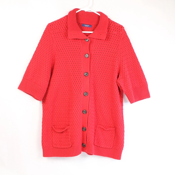 Vintage Chaps Women's Large Red Button-Up Short Sleeve Sweater - Pre-Owned