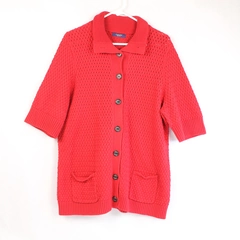 Vintage Chaps Women's Large Red Button-Up Short Sleeve Sweater - Pre-Owned