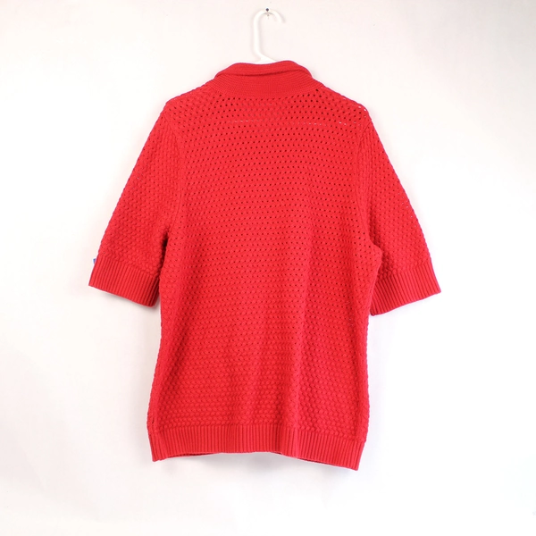 Vintage Chaps Women's Large Red Button-Up Short Sleeve Sweater - Pre-Owned