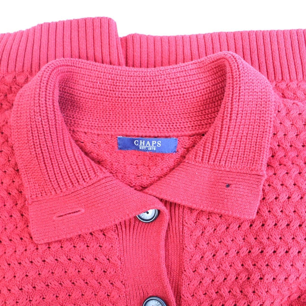 Vintage Chaps Women's Large Red Button-Up Short Sleeve Sweater - Pre-Owned