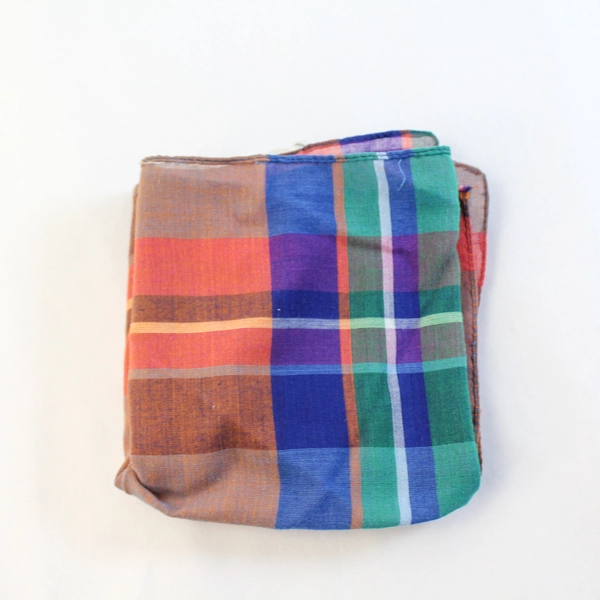 Vintage Blue Plaid Handkerchief 22" Viscose Polyester Blend Made in France