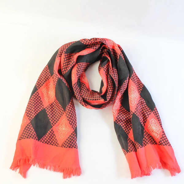 Vintage Red Black Satin Scarf Shawl Wrap with Fringe Hem & Floral Accents