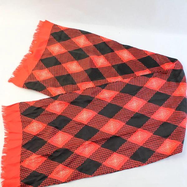Vintage Red Black Satin Scarf Shawl Wrap with Fringe Hem & Floral Accents