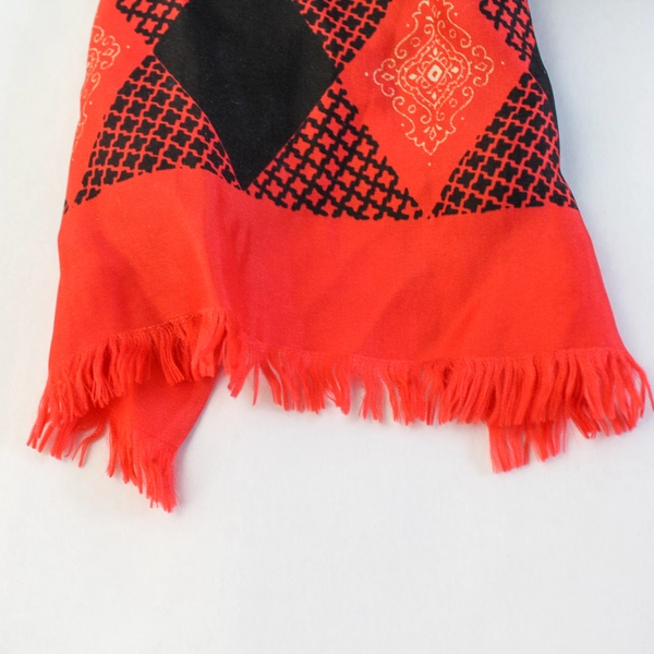 Vintage Red Black Satin Scarf Shawl Wrap with Fringe Hem & Floral Accents