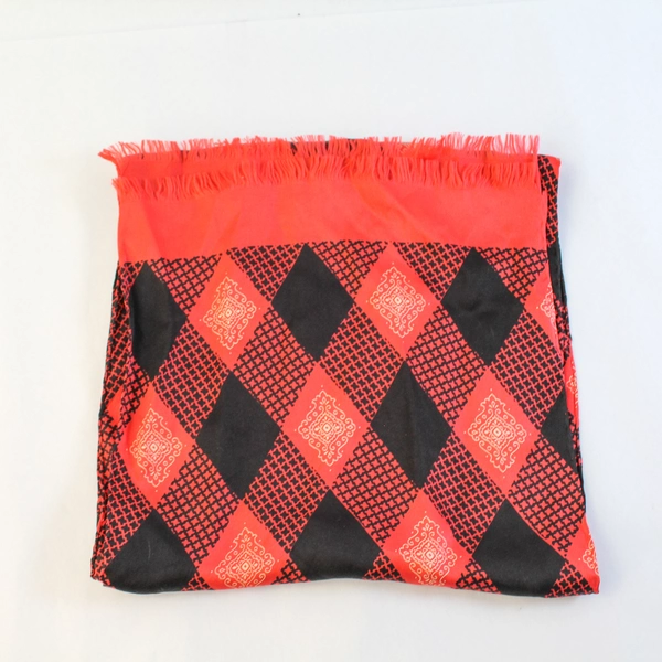 Vintage Red Black Satin Scarf Shawl Wrap with Fringe Hem & Floral Accents