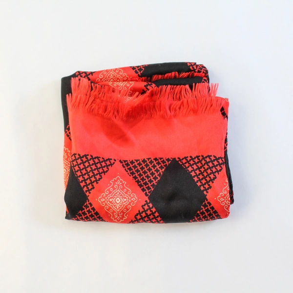Vintage Red Black Satin Scarf Shawl Wrap with Fringe Hem & Floral Accents