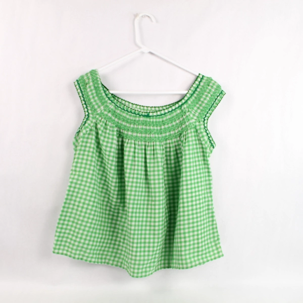 Homemade Green White Checked Embroidered Women's Top Size L - Pre-owned