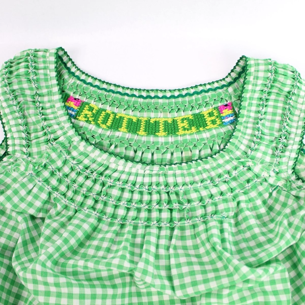 Homemade Green White Checked Embroidered Women's Top Size L - Pre-owned