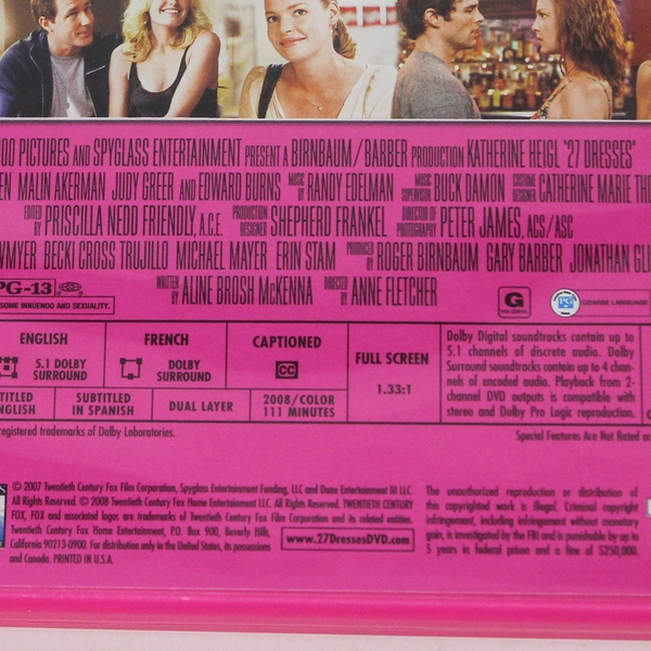 27 Dresses DVD Full Screen 2007 Katherine Heigl Romantic Comedy PG-13