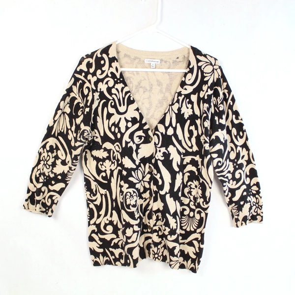 Crofts & Barrow Women's M Cardigan Sweater Beige Black 3/4 Sleeve Button Up