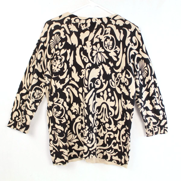 Crofts & Barrow Women's M Cardigan Sweater Beige Black 3/4 Sleeve Button Up