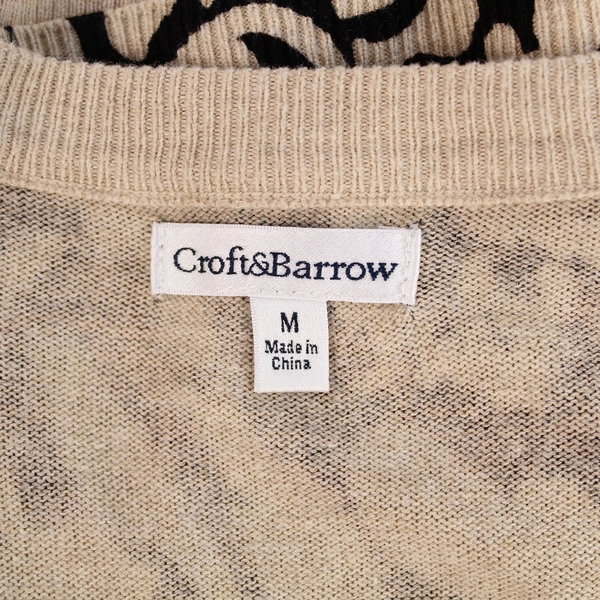 Crofts & Barrow Women's M Cardigan Sweater Beige Black 3/4 Sleeve Button Up