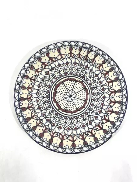 Vintage Decorative Mandala Pottery Plate 9" Cobalt Blue & Burgundy