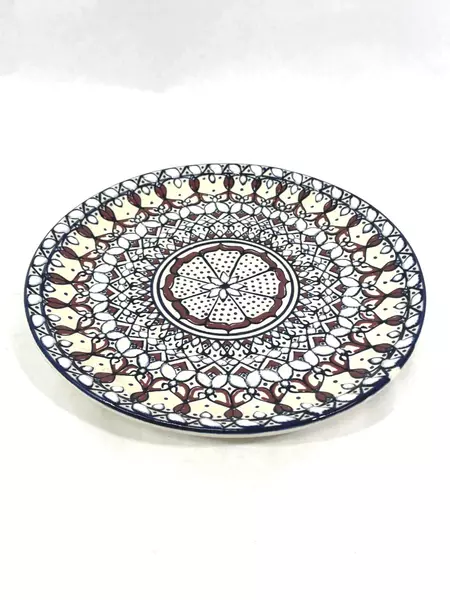Vintage Decorative Mandala Pottery Plate 9" Cobalt Blue & Burgundy