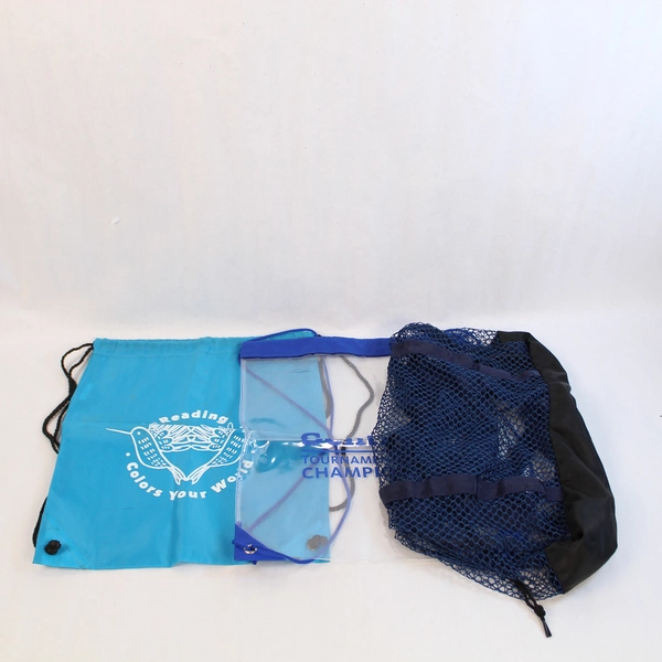 Lot of 9 Reusable Drawstring Backpack Bags - Mesh & Plastic Storage Bags