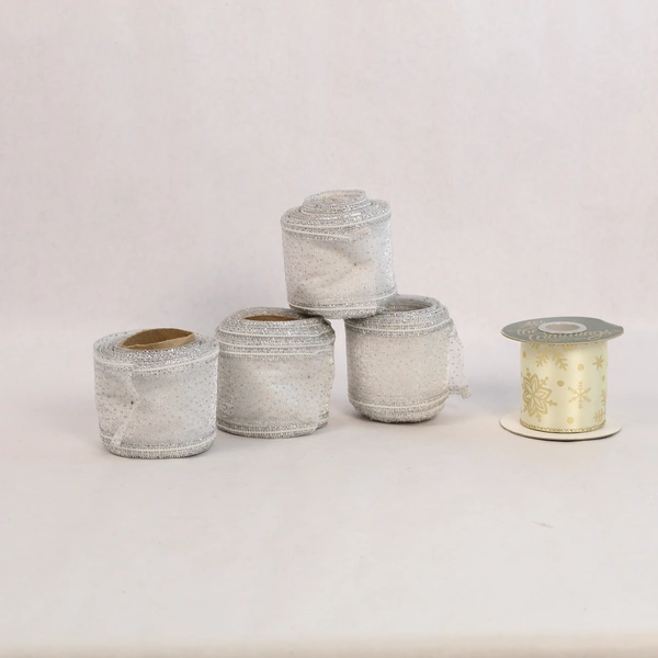 Lot of 5 Glitter Ribbon Spools Silver & Gold Snowflakes for DIY Crafts