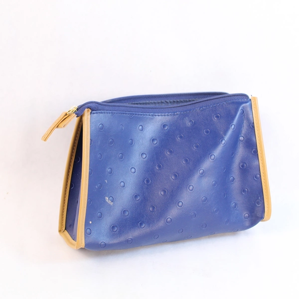 Estee Lauder Faux Leather Cosmetic Makeup Bag Blue Brown Zip Closure Pre-Owned