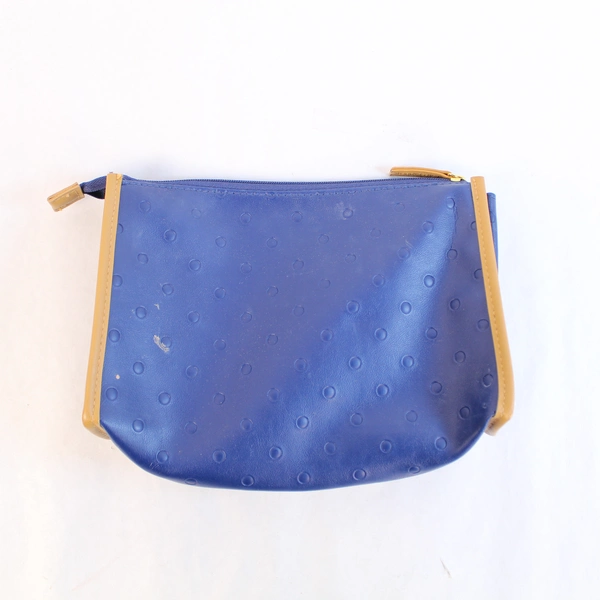 Estee Lauder Faux Leather Cosmetic Makeup Bag Blue Brown Zip Closure Pre-Owned