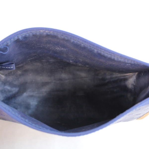 Estee Lauder Faux Leather Cosmetic Makeup Bag Blue Brown Zip Closure Pre-Owned