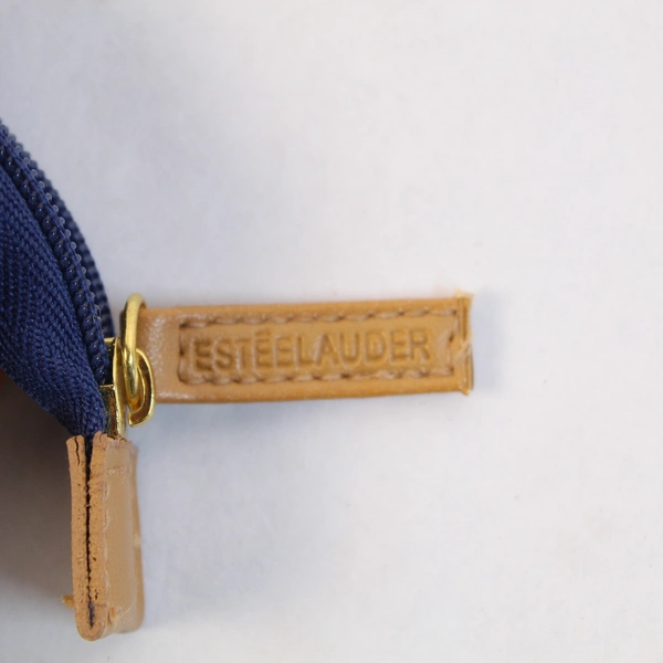 Estee Lauder Faux Leather Cosmetic Makeup Bag Blue Brown Zip Closure Pre-Owned