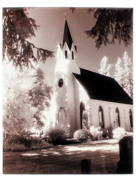 Vintage Original Photograph Old White Church Steeple Graveyard Landscape