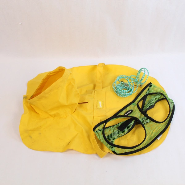 Lot of Dog Supplies: XL Yellow Raincoat & Green Mesh Harness with Leash
