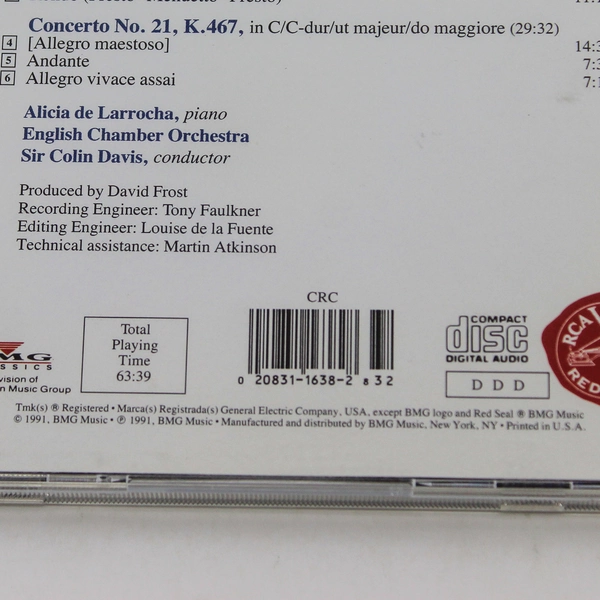 Mozart Piano Concertos CD by Larrocha & Davis BMG 1991 Good Condition