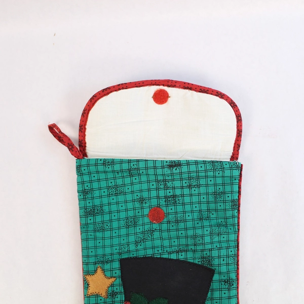 Quilted Snowman Christmas Stocking 15" Tall with Flap Closure - Pre-Owned