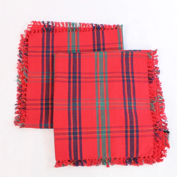 Set of 2 Vintage Christmas Plaid Placemats Red Green Fringe 17" Decor