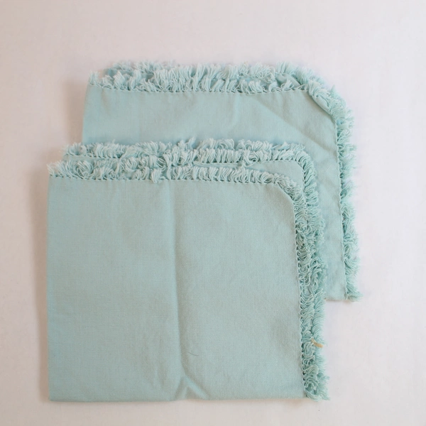 Lot of 2 Dusty Blue Knit Fringe Cotton Napkins 16"x14" Textured Woven
