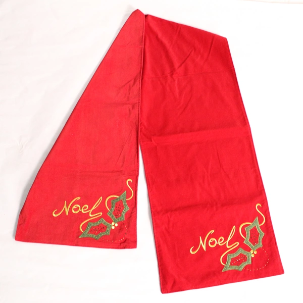 Red Velvet Cotton Table Runner Noel Embroidered Beaded 71.5" - Pre-Owned
