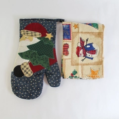 Lot of 2 Farmhouse Christmas Linens Tea Towel & Santa Oven Mitt Set