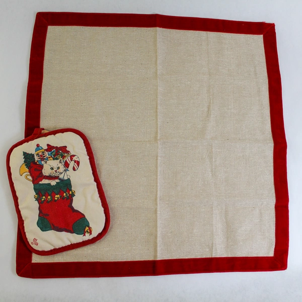 Lot of 2 Vintage Christmas Burlap Placemat & Red Velvet Potholder Set