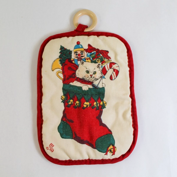 Lot of 2 Vintage Christmas Burlap Placemat & Red Velvet Potholder Set