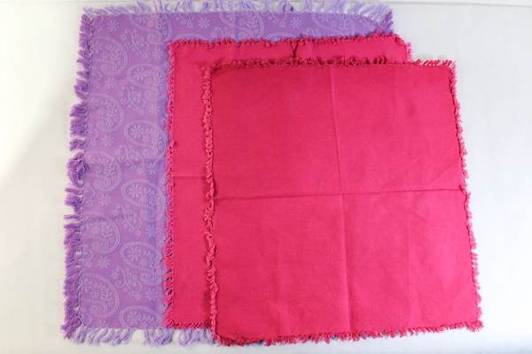 Lot of 3 Purple Magenta Fringe Cloth Napkins - Vibrant Textiles for Dining