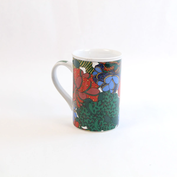 Fire Works Design Christmas Mug Red Green Floral Ribbons Holiday Coffee Cup