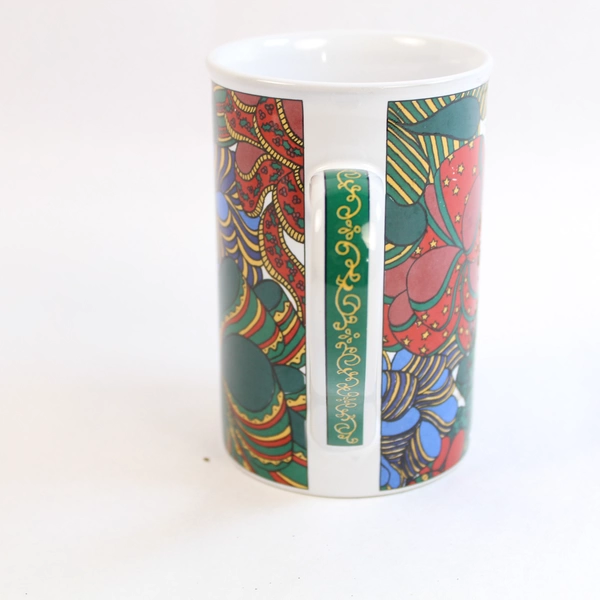Fire Works Design Christmas Mug Red Green Floral Ribbons Holiday Coffee Cup