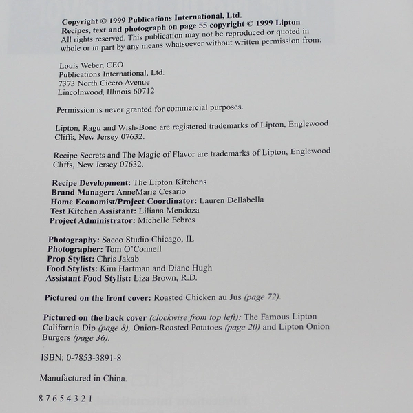 Lipton Recipe Secrets Cookbook 1999 - 71 Flavorful Recipes, Hardcover