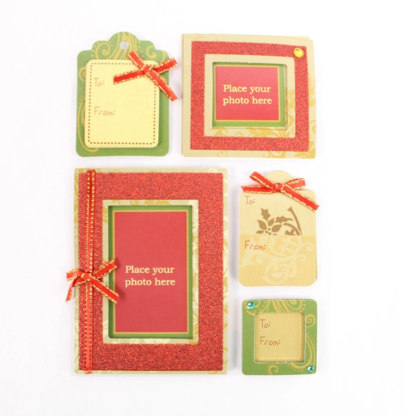 Lot of 4 Christmas Glitter Photo Frame Gift Tags - Red & Green Sealed