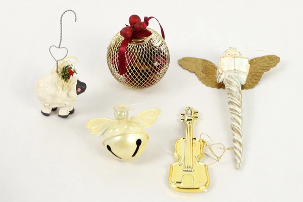Lot of 5 Cream White Gold Christmas Tree Ornaments - Sheep, Bell, Angel & More