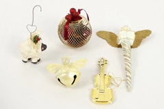 Lot of 5 Cream White Gold Christmas Tree Ornaments - Sheep, Bell, Angel & More
